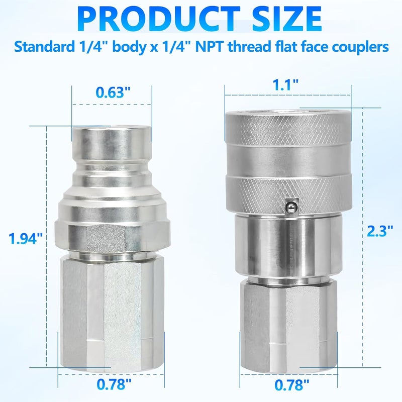 Cplbrb 1/4’’ NPT Flat Face Hydraulic Quick Connect Couplers/Couplings with Dust Caps, The Universal Bobcat Flat Face Quick Connect Fittings with with 1/4’’ Body ISO 16028 Standard - Image 2
